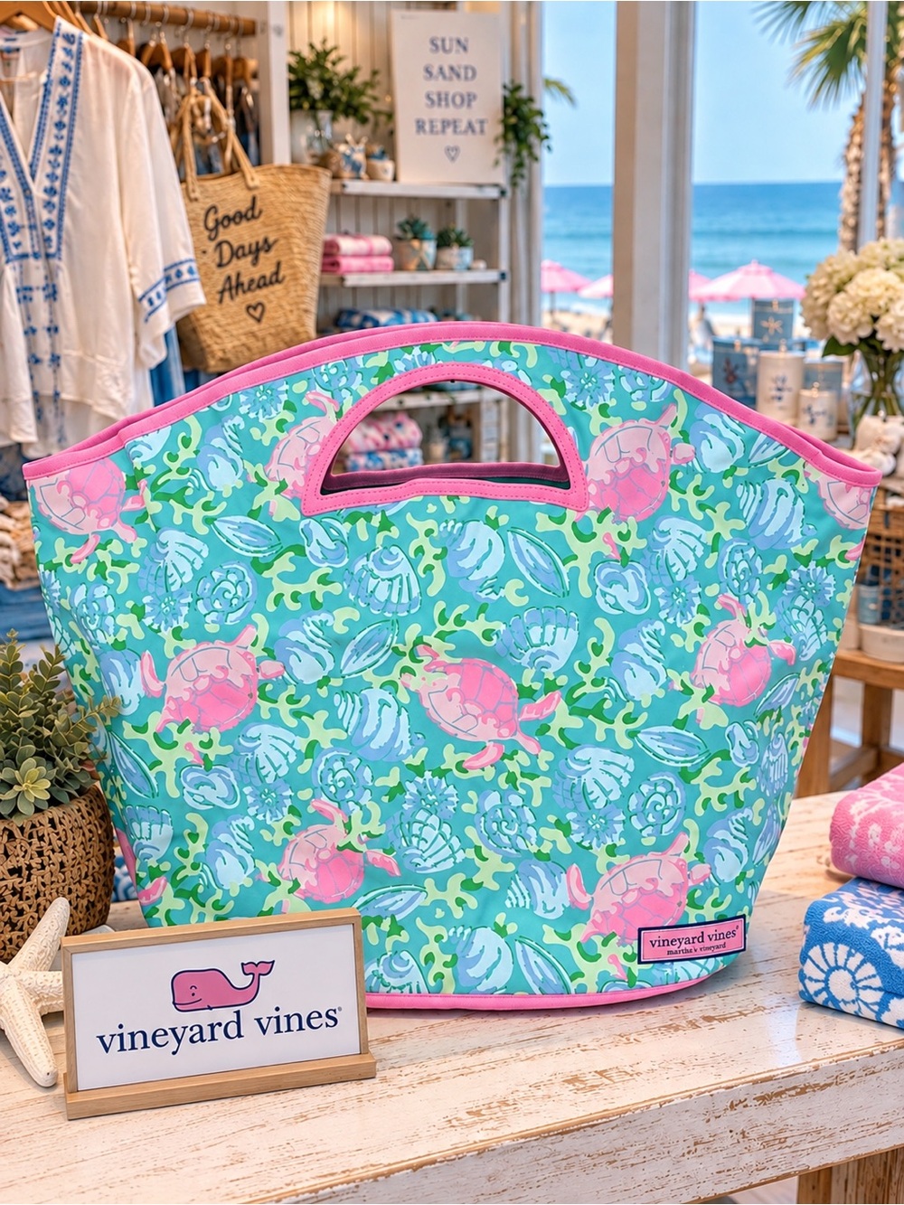 Vineyard Vines Pink & Aqua Turtle Print Beach Tote NWT